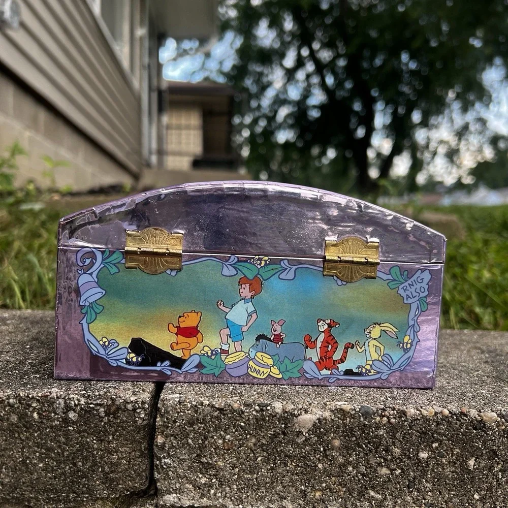 Vintage Rare Winnie the Pooh Jewelry Music Box 1963 Purple Metallic Mirror